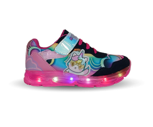 Tenis con luces Leds ajuste de agujetas y contactel Lux 10 581 Negro/Fiusha para niña