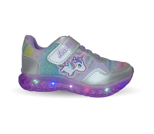 Tenis con luces leds ajuste de agujetas y contactel Lux-10 563 Plata/Lila para niña